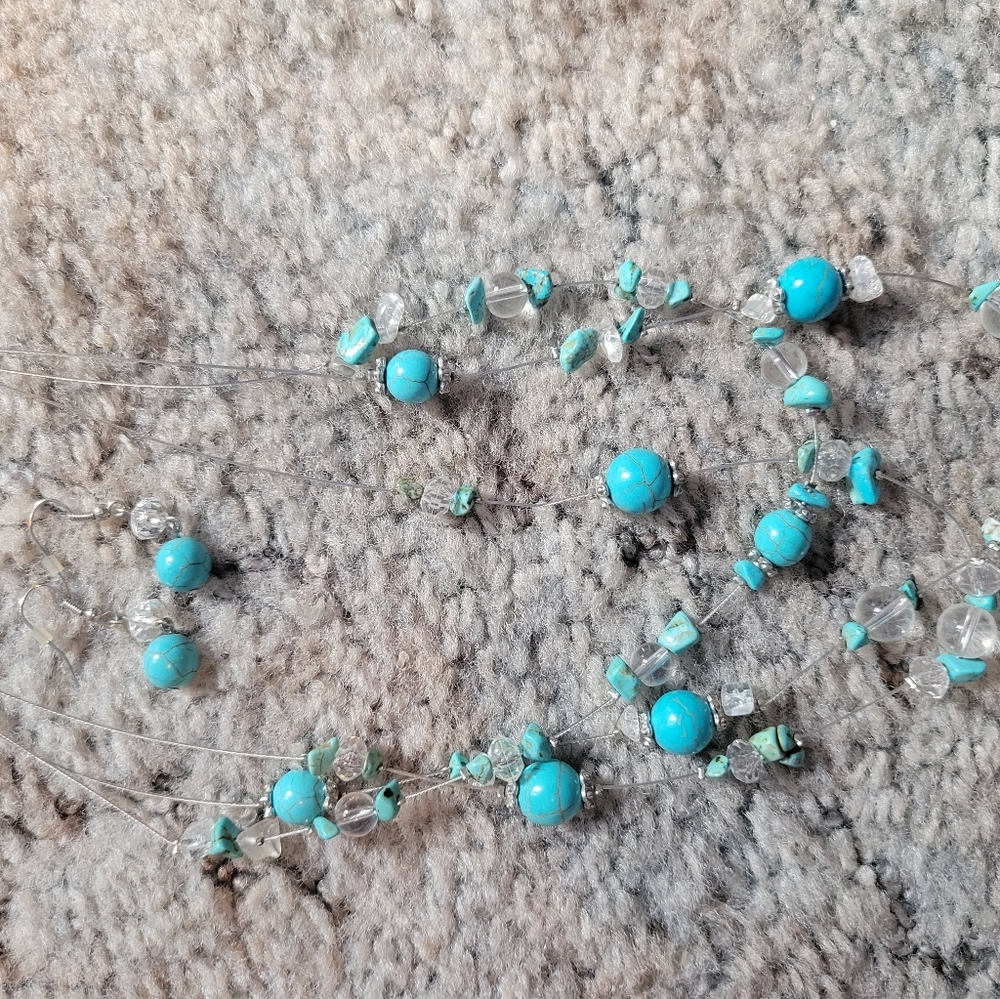 Teal bead necklace and earrings